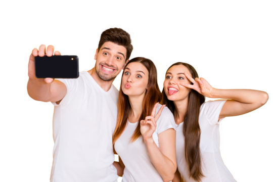 Portrait of three nice attractive cheerful playful comic childish foolish dumb positive youth person taking making selfie having fun showing v-sign isolated over bright vivid shine yellow background
