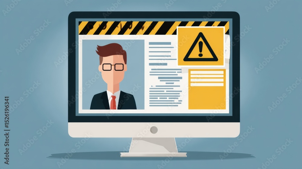 Poster Monitor Displaying a Fake Identity Profile With a Danger Warning Label and a Blank Layout in a Digital Security Context