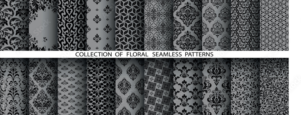 Poster geometric floral set of seamless patterns. gray and black vector backgrounds. damask graphic ornamen
