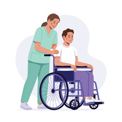 Cartoon nurse providing care to young man in wheelchair, concept of medical support and rehabilitation
