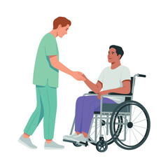 Cartoon nurse providing care to young man in wheelchair, concept of medical support and rehabilitation
