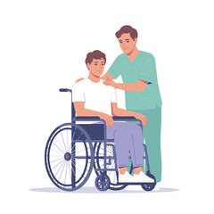 Cartoon nurse providing care to young man in wheelchair, concept of medical support and rehabilitation
