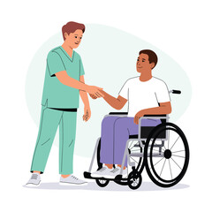Cartoon nurse providing care to young man in wheelchair, concept of medical support and rehabilitation

