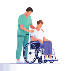 Cartoon nurse providing care to young man in wheelchair, concept of medical support and rehabilitation
