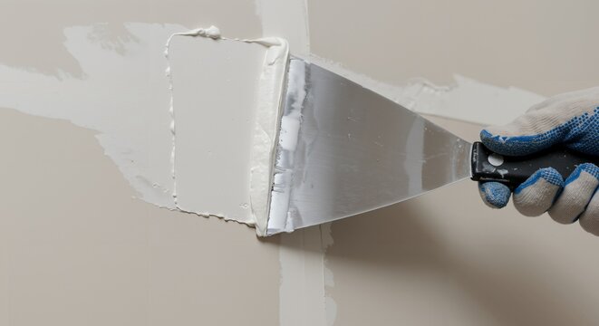 Close-up of a gloved hand expertly applying white joint compound to drywall seams with a putty knife. Home renovation, interior wall finishing, and construction work in progress.