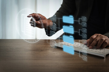 Office files report document person interacts with digital file management system, organizing folders and documents computer, symbolizing data