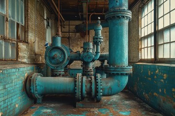 Old, blue industrial pipes in an abandoned brick building with light from windows. Good for backgrounds, industry themes, or showing disrepair and decay.