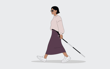 Stylish blind woman walking with white cane and sunglasses, minimalist flat design concept of independence and accessibility

