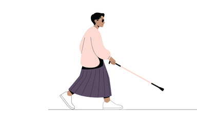 Stylish blind woman walking with white cane and sunglasses, minimalist flat design concept of independence and accessibility
