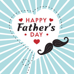 Flat Design Happy Father’s Day Card with Radiating Light, Hearts, and Mustache © Mizanur