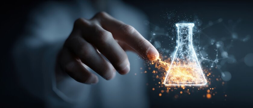 Scientist’s hand tapping floating chemical flask infographic mid-air