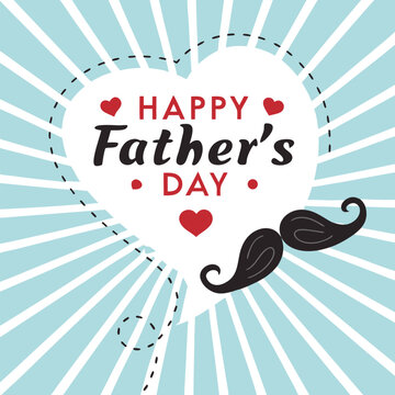 Flat Design Happy Father&rsquo;s Day Card with Radiating Light, Hearts, and Mustache