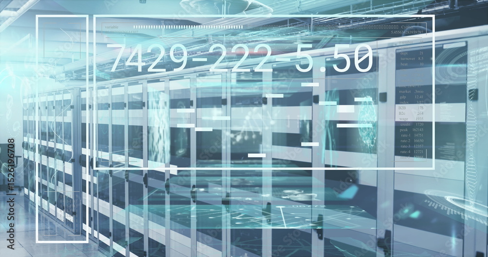 Poster image of numbers and data processing on screen over computer servers