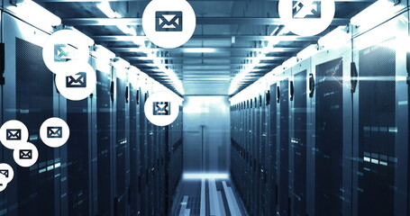 Image of email icons over computer servers