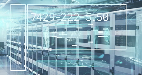 Image of numbers and data processing on screen over computer servers