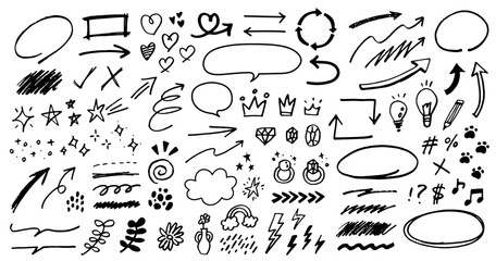 手描きの装飾セット。ふきだし、矢印、星、ハート、宝石、王冠など。ペンで描いた感情のアイコン。かわいい線画。