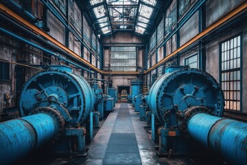 Blue industrial pumps in a weathered, high ceiling interior with many windows. Ideal for conveying themes of industrial strength or infrastructure needs.
