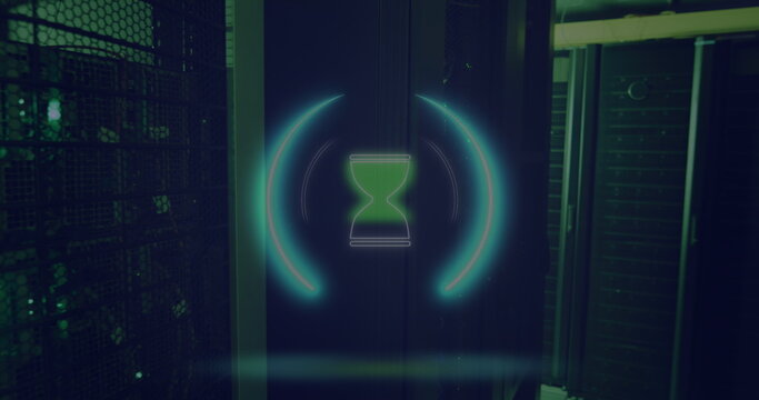 Image of neon circle with hourglass over servers