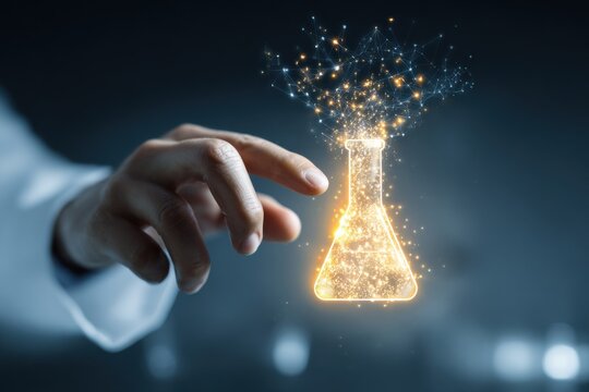 Scientist’s hand tapping floating chemical flask infographic mid-air - Powered by Adobe