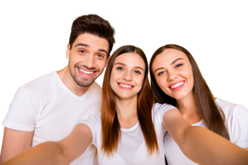 Self-portrait of three nice attractive lovely winsome charming caucasian cheerful cheery positive person having fun isolated over bright vivid shine yellow background