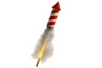 Striped firework rocket launching, trailing white smoke and red sparks against transparent backdrop