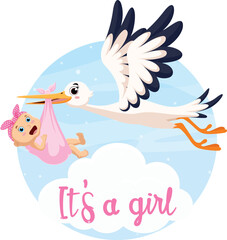 Cute stork delivering new born baby girl cartoon characters