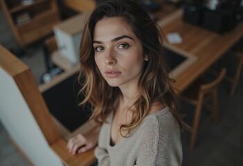Woman at a minimalist coffee stand, exuding calm and elegance