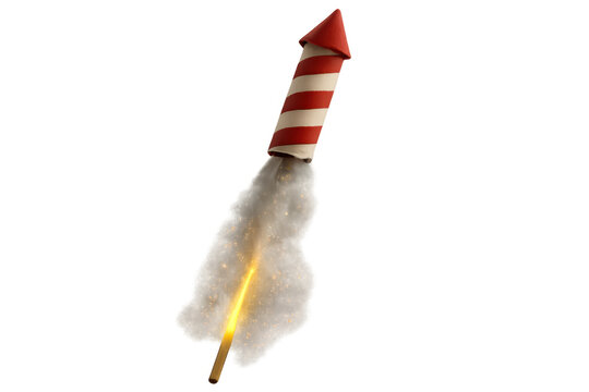 Striped firework rocket launching, trailing white smoke and red sparks against transparent backdrop