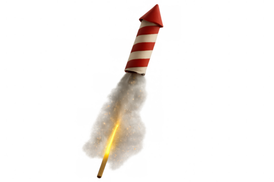 Striped firework rocket launching, trailing white smoke and red sparks against transparent backdrop - Powered by Adobe
