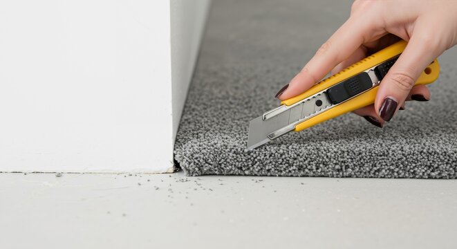Woman's hand cutting grey carpet with a yellow utility knife. Home improvement project, installing new flooring. Close-up of carpet installation process.