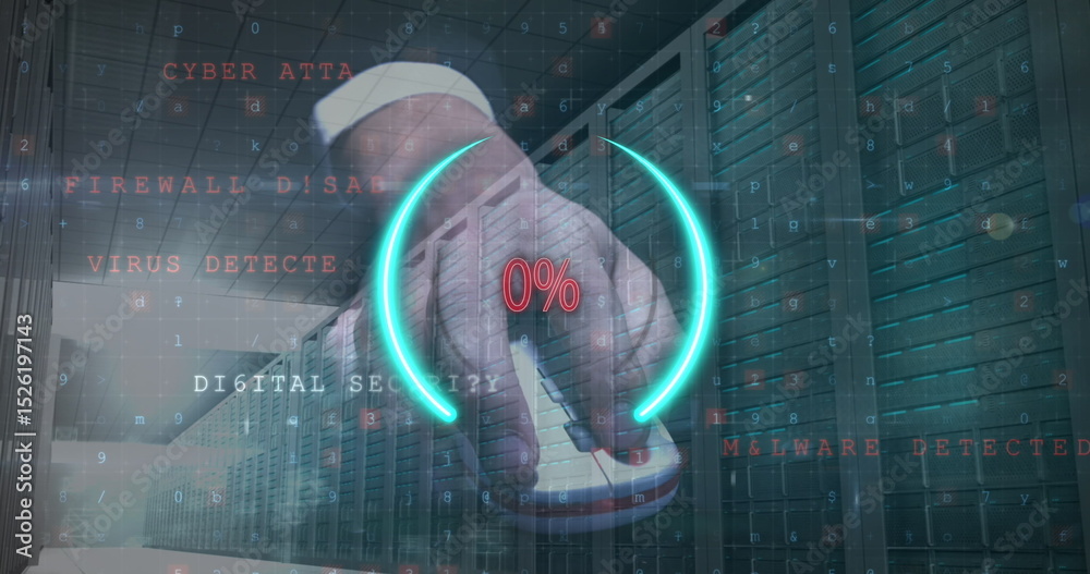Poster image of data processing over hand with mouse and server room