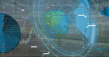 Image of scope scanning over globe, financial data processing and warehouse