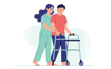 Cartoon caregiver assisting young man with walker during rehabilitation, concept of support and recovery
