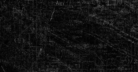Image of layers of mathematical formulae and moving chalk marks on black chalkboard