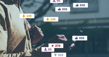 Image of social media icons and numbers over speech sick emojis with sick emojis and social media