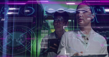 Image of data processing over diverse workers in server room