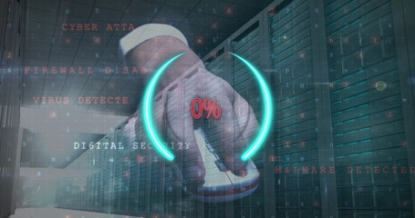 Image of data processing over hand with mouse and server room