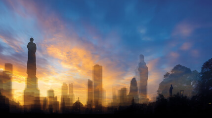 Fototapeta premium Silhouetted Figures and Urban Sky at Sunset