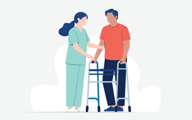 Cartoon caregiver assisting young man with walker during rehabilitation, concept of support and recovery
