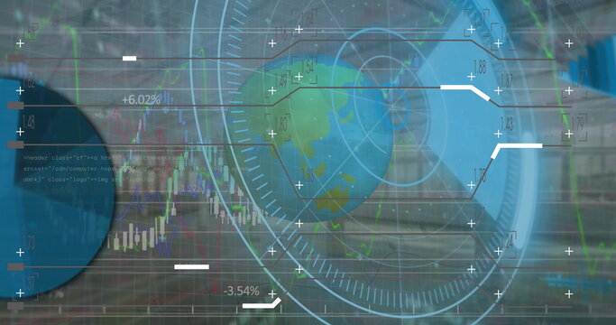 Image of scope scanning over globe, financial data processing and warehouse