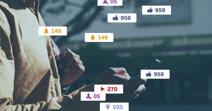 Image of social media icons and numbers over speech sick emojis with sick emojis and social media - Powered by Adobe