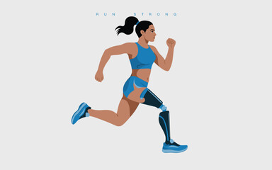 Determined female athlete with prosthetic leg running in sportswear, symbol of strength and empowerment
