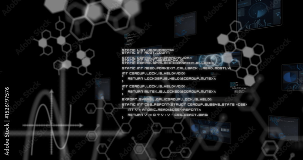 Poster image of network of connections with icons over data processing
