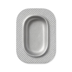 Obraz premium Sleek aluminum blister pack with smooth, oval cavity, set against textured checkered background. This packaging is ideal for pharmaceuticals or small items, showcasing modern design