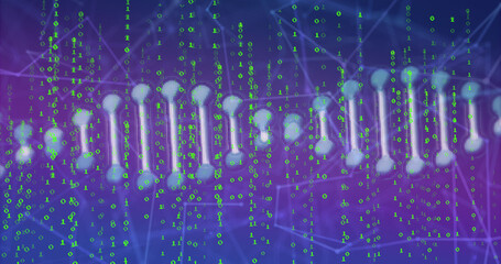 Image of dna strand spinning over network of connections with icons