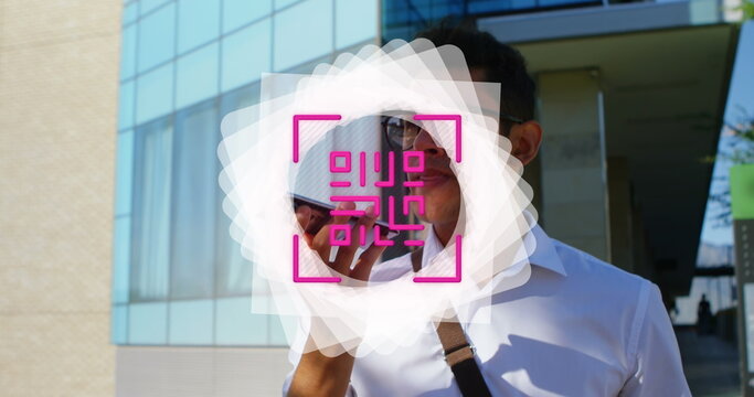 Image of shapes and qr code over man using smartphone