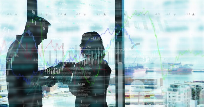 Image of statistics and financial data processing over diverse business people in office