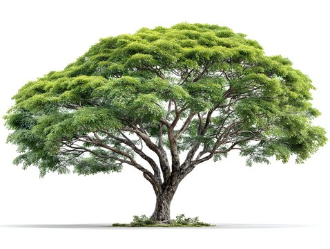 A majestic green rain tree with a large crown and strong branches stands against a bright white background.