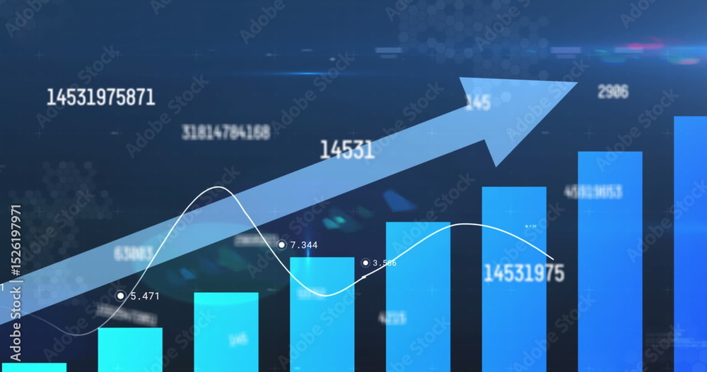 Poster image of multiple changing numbers and statistical data processing against blue background