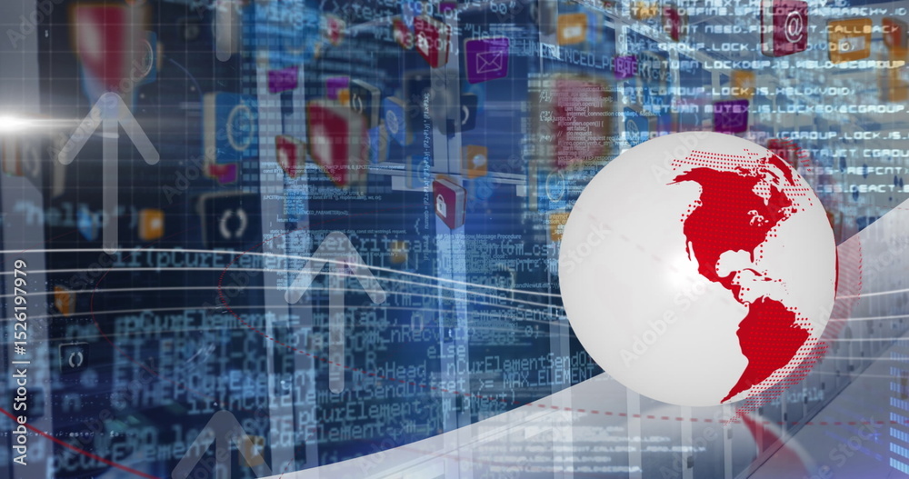 Poster image of spinning globe, digital icons and data processing over empty computer server room